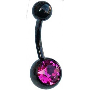 Black PVD Belly Bar with Fuchsia Jewel