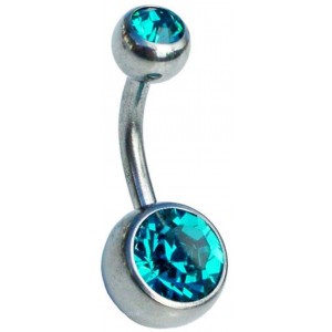 Titanium Belly Bar - Aqua Double Jewelled