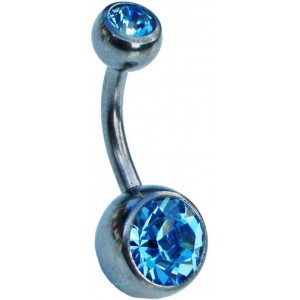 Titanium Belly Bar - Blue Double Jewelled 