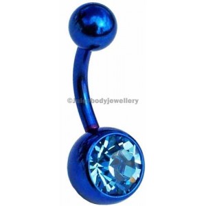 Dark Blue Titanium Belly Bar - Light Blue Jewel