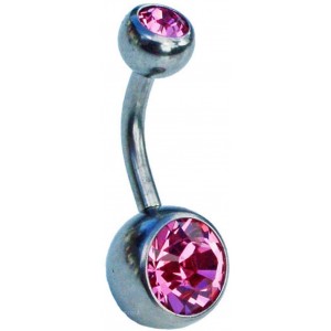 Titanium Belly Bar - Pink Double Jewelled