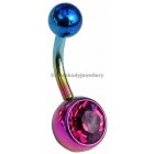 Rainbow Titanium Belly Bar - Fuchsia Jewel