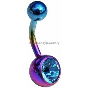 Rainbow Titanium Belly Bars - Light Blue Jewel