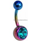 Rainbow Titanium Belly Bars - Aqua Jewelled