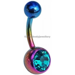 Rainbow Titanium Belly Bars - Aqua Jewelled