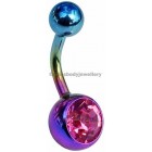 Rainbow Titanium Belly Bars - Pink Jewel